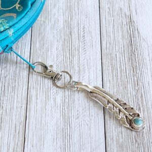 Silver Boho Feather Western Turquoise Zipper Pull for Backpacks, Cute Rhinestone Purse Charms, Unique Custom Handbag Jewelry, Personalized Zipper Charms, Camera Bag Charms, Cool Key Chain Charm