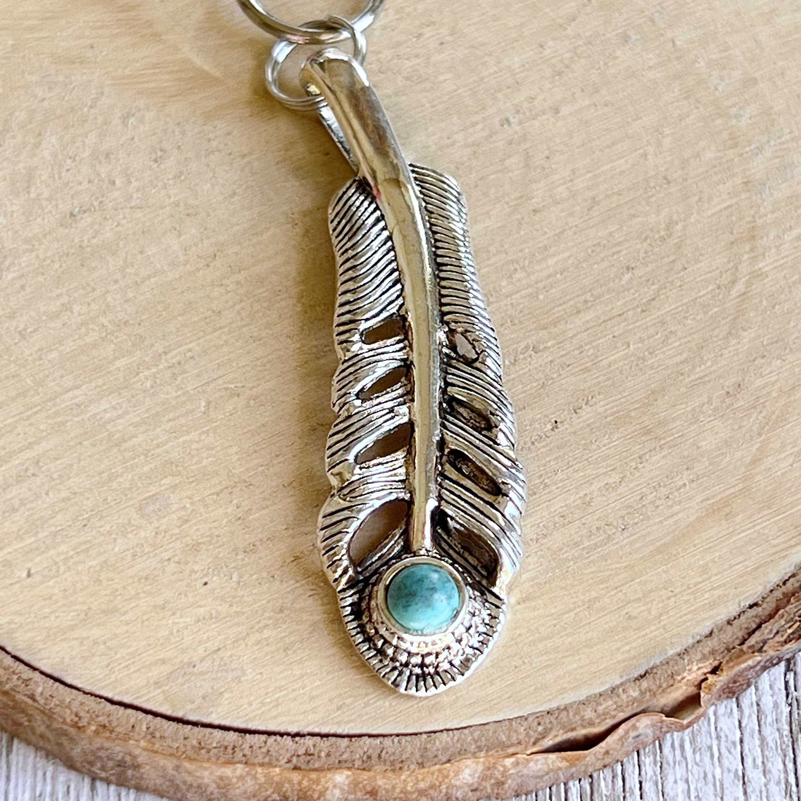 Silver Boho Feather Western Turquoise Zipper Pull for Backpacks, Cute Rhinestone Purse Charms, Unique Custom Handbag Jewelry, Personalized Zipper Charms, Camera Bag Charms, Cool Key Chain Charm