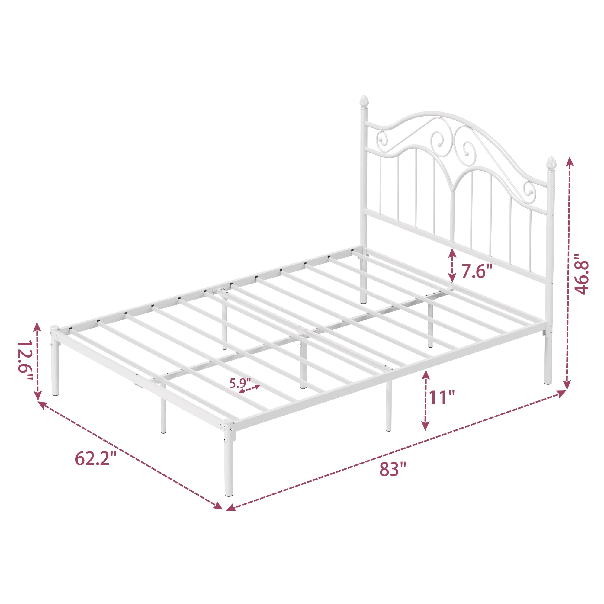 Elephance Queen Size Metal Bed Frame with Vintage Headboard,11 Inches Storage Space Platform Bed No Box Spring Needed Easy Assembly,White