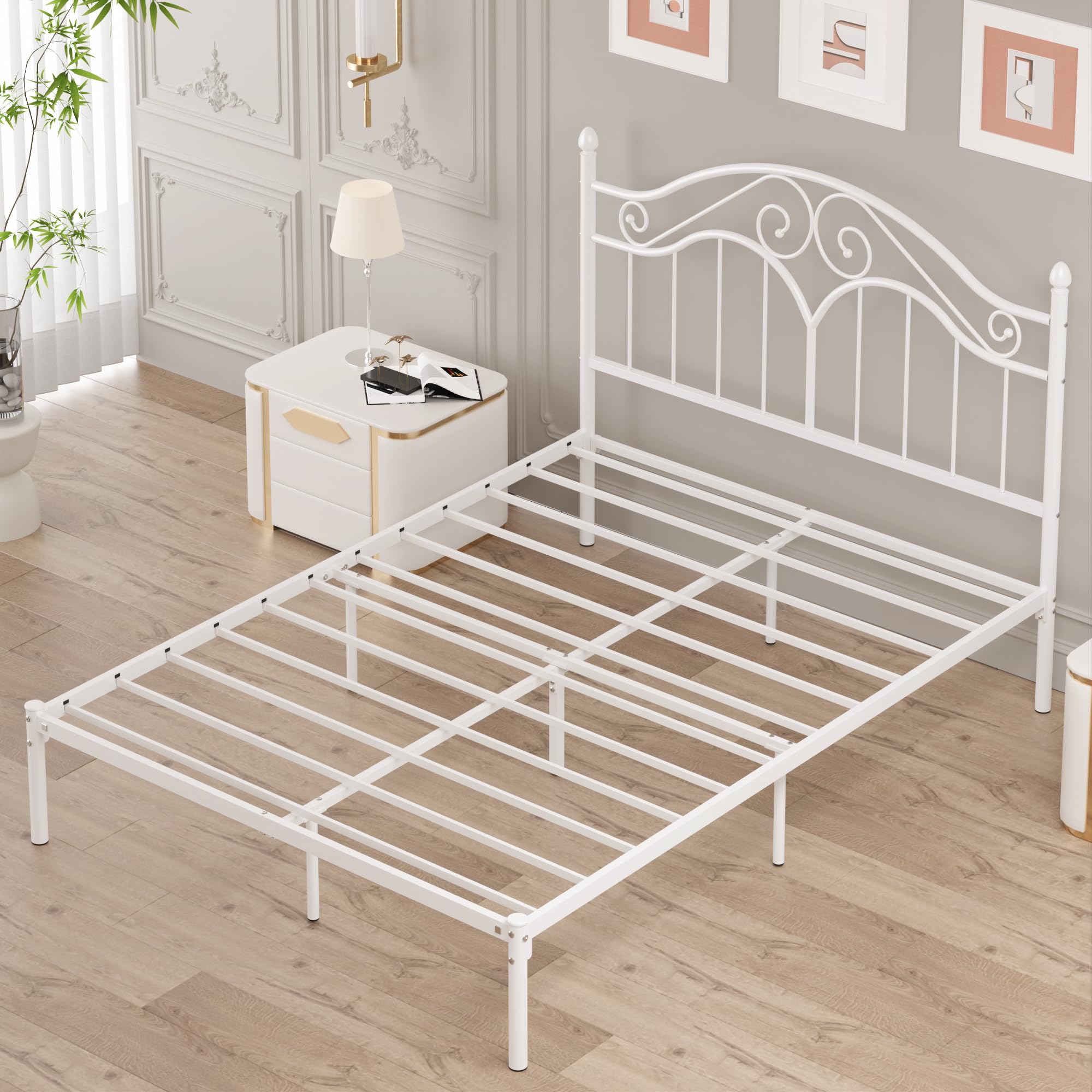 Elephance Queen Size Metal Bed Frame with Vintage Headboard,11 Inches Storage Space Platform Bed No Box Spring Needed Easy Assembly,White