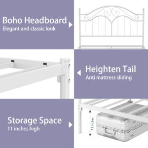 Elephance Queen Size Metal Bed Frame with Vintage Headboard,11 Inches Storage Space Platform Bed No Box Spring Needed Easy Assembly,White