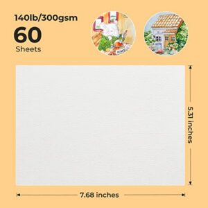 Paul Rubens 60 Sheets Watercolor Paper, Cold Press 50% Cotton&140lb /300gsm Acid-free Bulk White Paper for Artists, Students & Adults（7.68 * 5.31 inch）