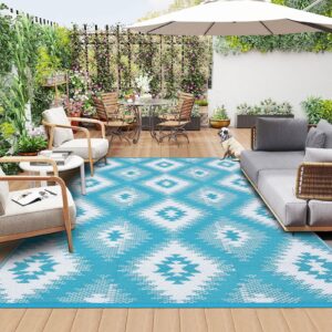 Ileading Reversible Outdoor Rug 4x6Ft Waterproof Patio Rug Carpet Portable Outdoor Plastic Straw Rug Large RV Camping Mat Rug for Patio, Clearance, Deck, Beach, Porch, Camping, Picnic, Gradual Teal