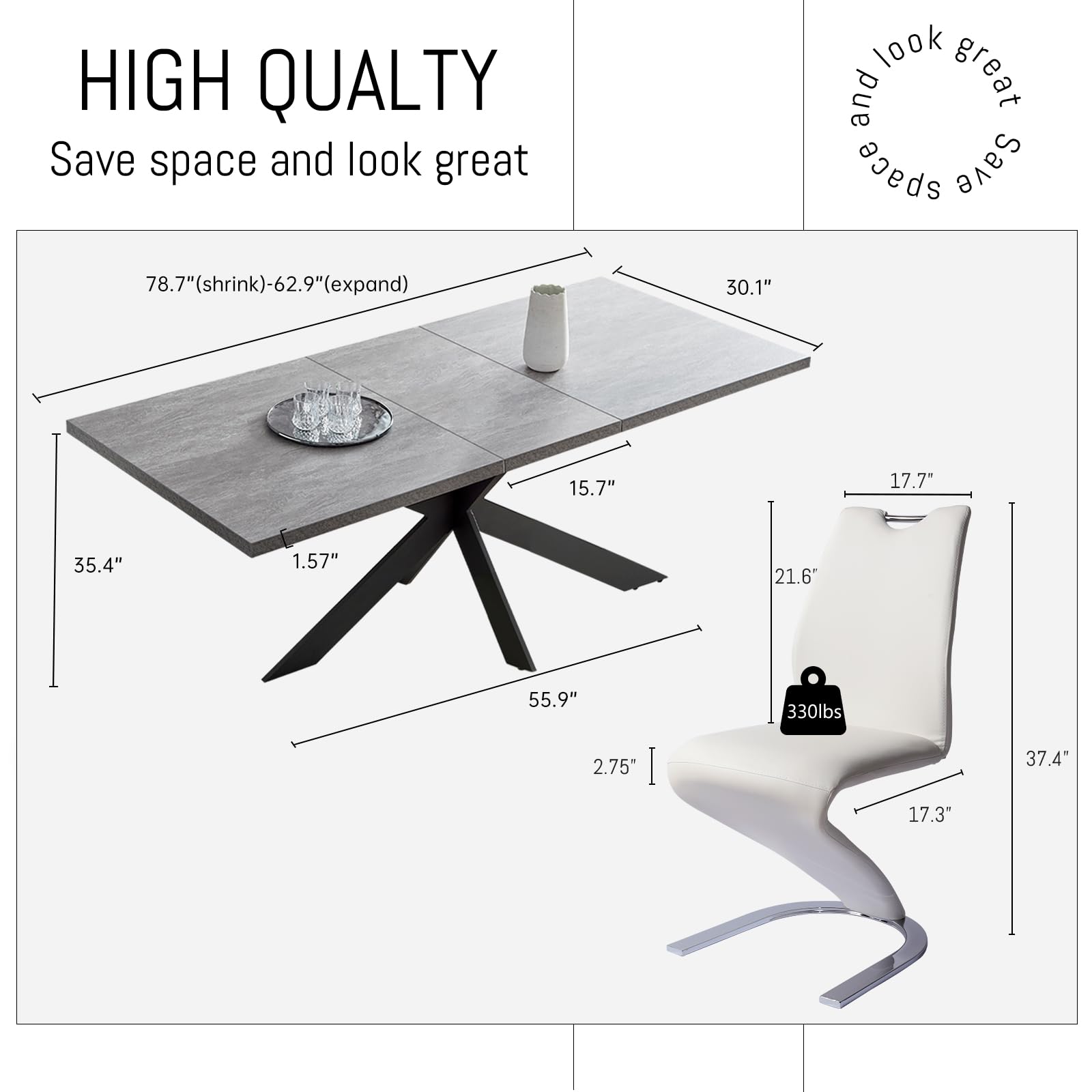 ZckyCine 6-8 People Modern Dining Table Rectangular Kitchen Dining Table Space-Saving Expandable Dining Table Metal Frame, Grey