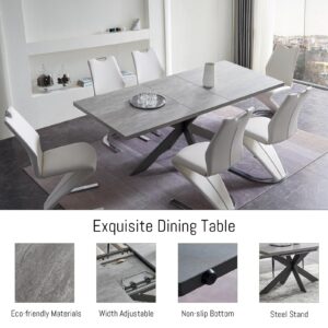 ZckyCine 6-8 People Modern Dining Table Rectangular Kitchen Dining Table Space-Saving Expandable Dining Table Metal Frame, Grey