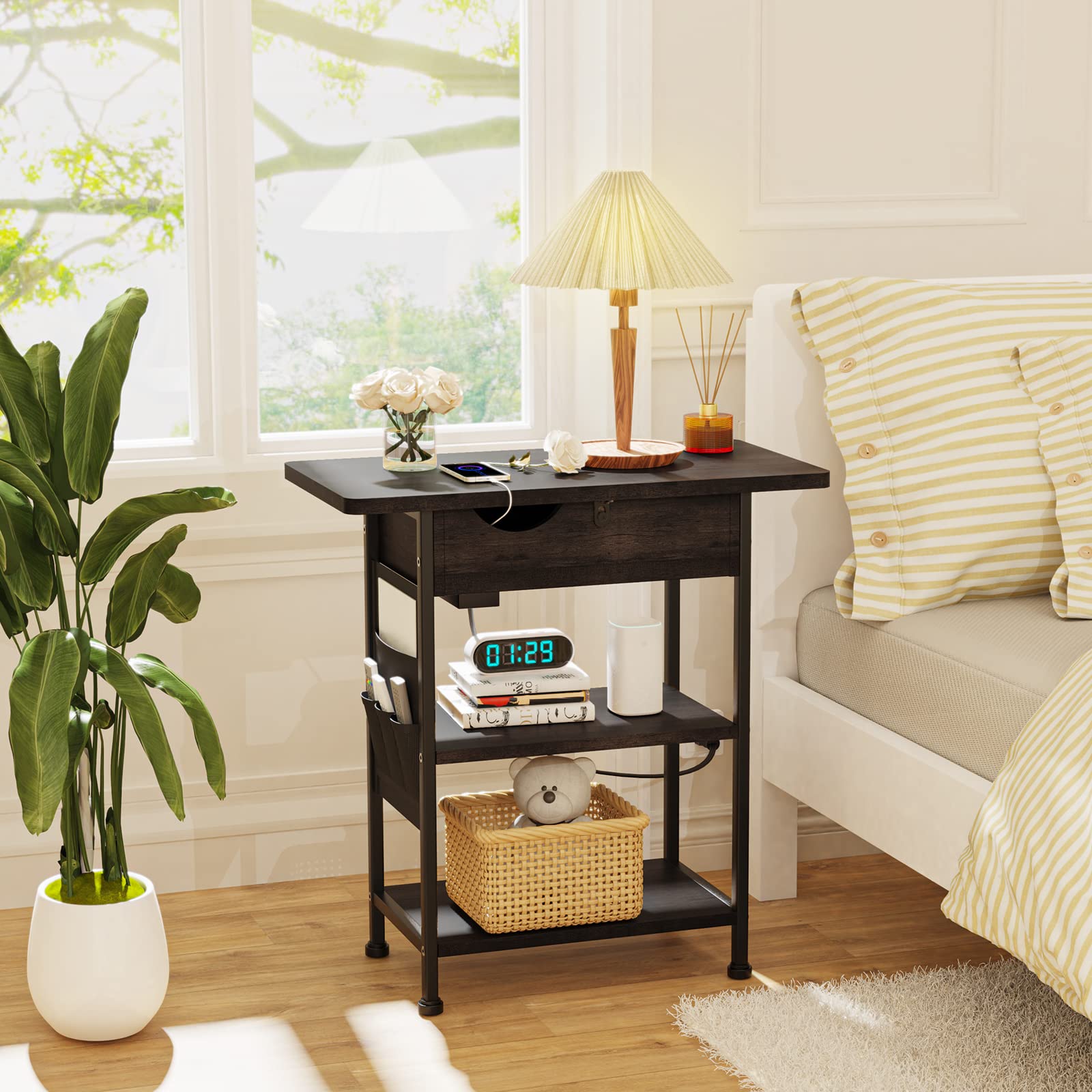 TARKARI Small End Table with charging station - Side Table with USB ports and outlets with storage Gray-Black narrow night stand bedroom side tables living room