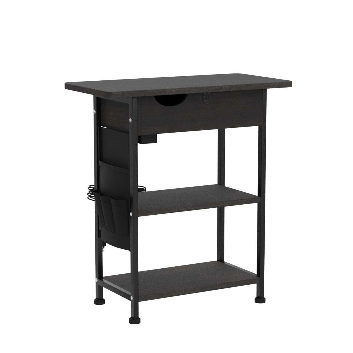 TARKARI Small End Table with charging station - Side Table with USB ports and outlets with storage Gray-Black narrow night stand bedroom side tables living room