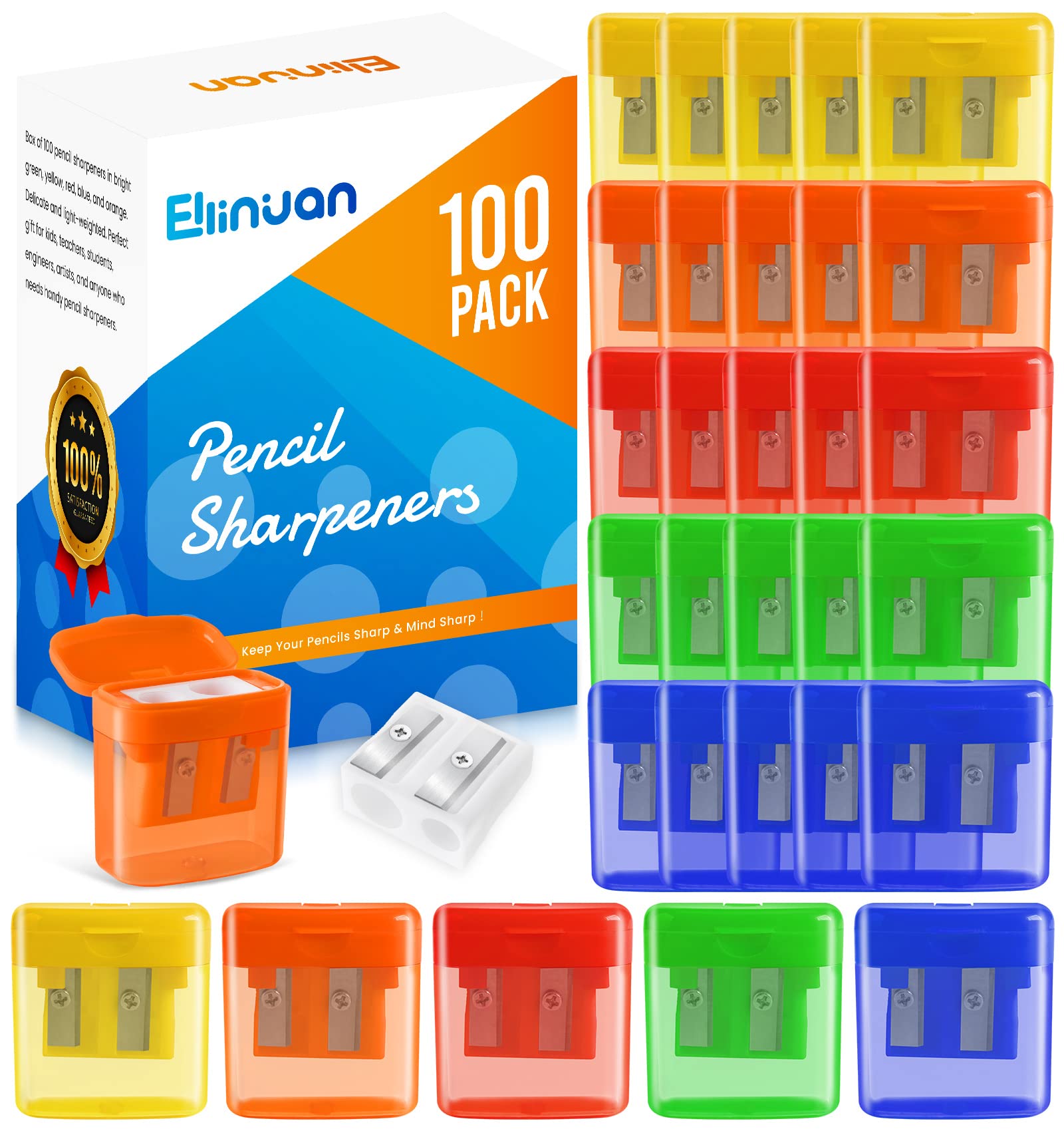 100 Pack Pencil Sharpeners Bulk - Double Hole Pencil Sharpener Manual with Cover for School Kids, Small Cute Pencil sharpeners Handheld for Students School Classroom Supplies