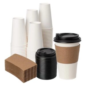 yeehaw 【16 oz 50 pack disposable paper coffee cups with lids & sleeves, to go hot cups for coffee, hot liquid, chocolate, juice, hot beverage drinking cup, ideal for cafes, bistros