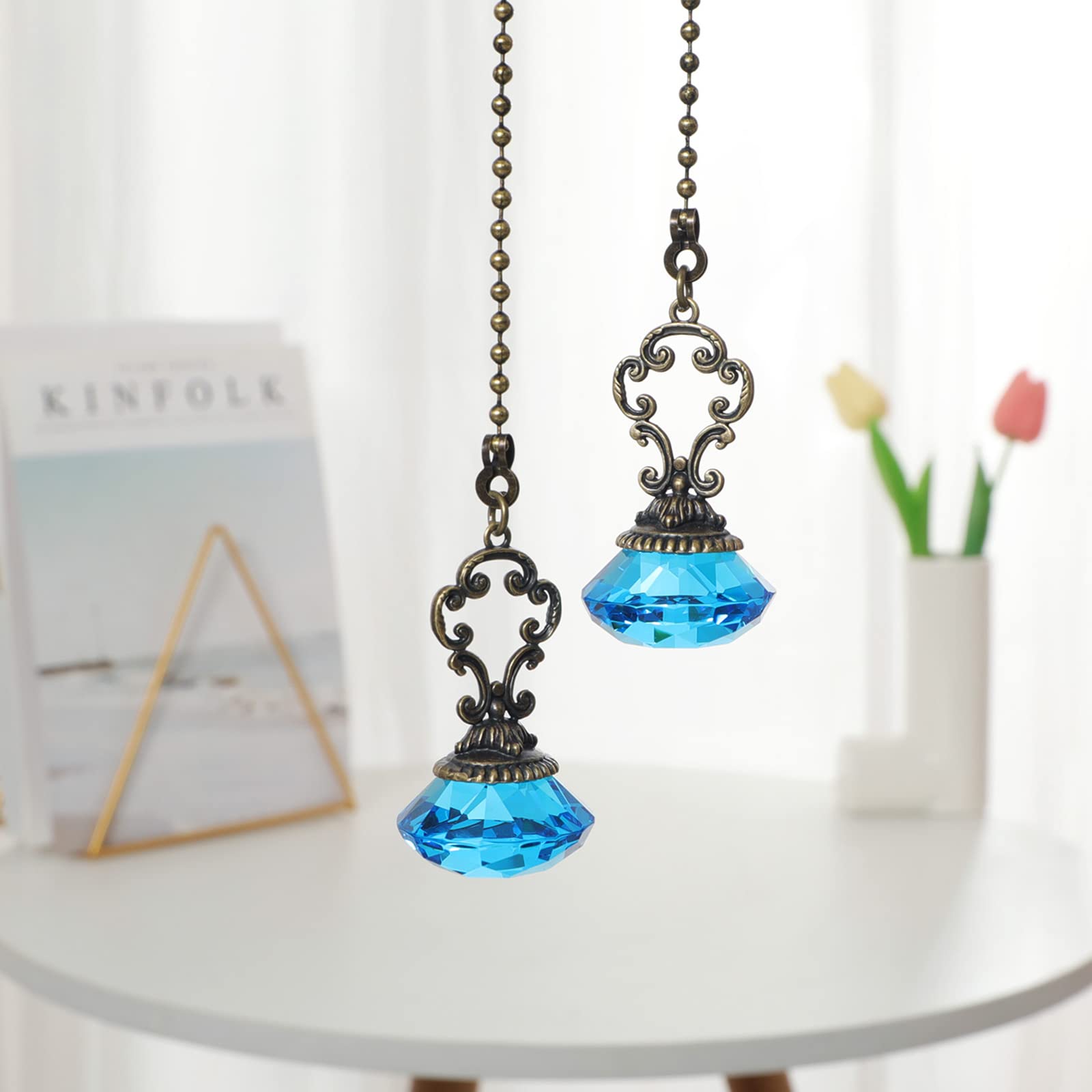 2pcs Light Blue Crystal Fan Pull Diamond Drop Vintage Pull Chain Ceiling Pull Chain Extender with Connector