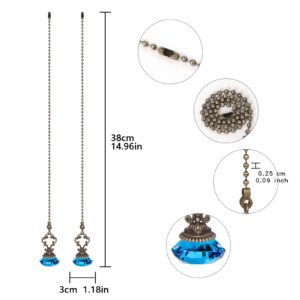 2pcs Light Blue Crystal Fan Pull Diamond Drop Vintage Pull Chain Ceiling Pull Chain Extender with Connector