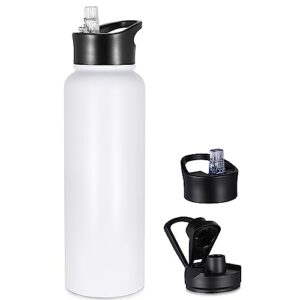 vqrrcki 40 oz insulated water bottle with straw, stainless steel sports water bottles with 2 lids (straw and wide mouth lid), double wall vacuum, leakproof, bpa-free, white