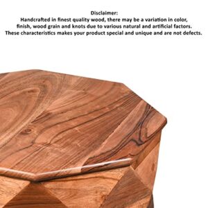 The Urban Port 23-Inch Handcrafted Drum Side Accent Table with a Multifaceted Diamond Cut Design, Natural Brown Acacia Wood