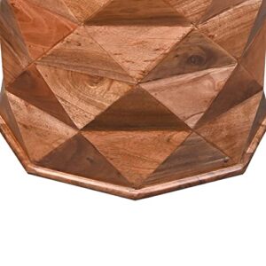 The Urban Port 23-Inch Handcrafted Drum Side Accent Table with a Multifaceted Diamond Cut Design, Natural Brown Acacia Wood