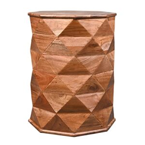 The Urban Port 23-Inch Handcrafted Drum Side Accent Table with a Multifaceted Diamond Cut Design, Natural Brown Acacia Wood