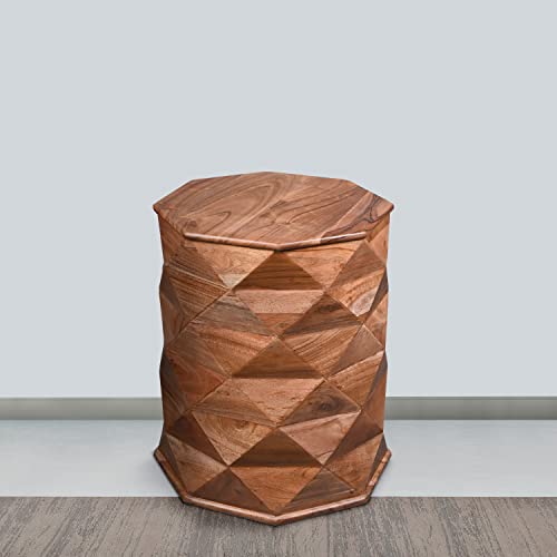 The Urban Port 23-Inch Handcrafted Drum Side Accent Table with a Multifaceted Diamond Cut Design, Natural Brown Acacia Wood