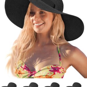 Beach Hats for Women, Wide Brim Sun Straw Hat Foldable Summer Floppy Hat UV Protection Cap Black