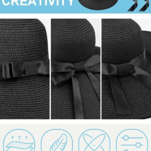 Beach Hats for Women, Wide Brim Sun Straw Hat Foldable Summer Floppy Hat UV Protection Cap Black