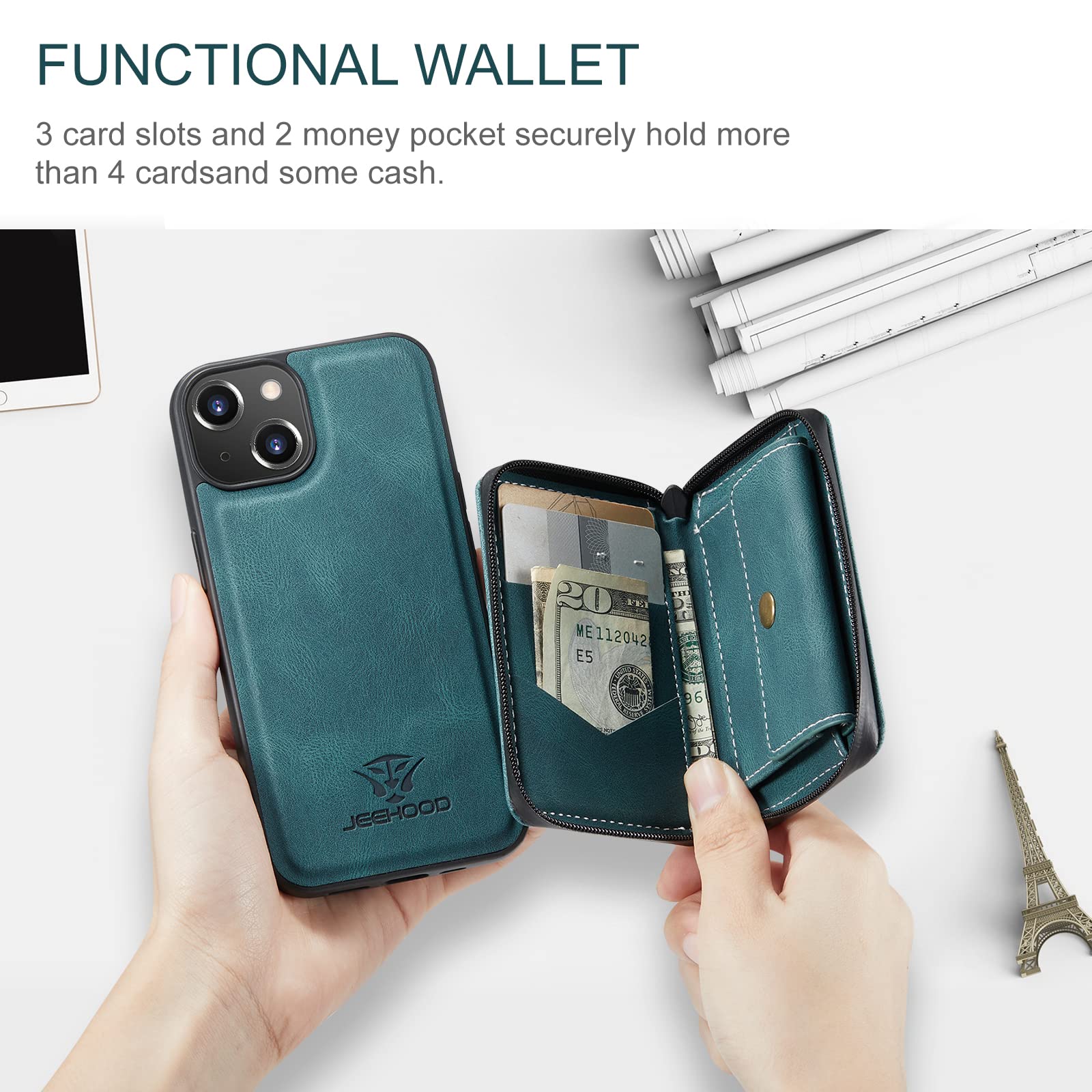 Phone Case for iPhone 14 6.1 inch Wallet Cover with Tempered Glass Screen Protector and Credit Card Holder Zipper Stand Leather Cell Accessories iPhone14 5G i i-Phone i14 iPhone14case Women Blue