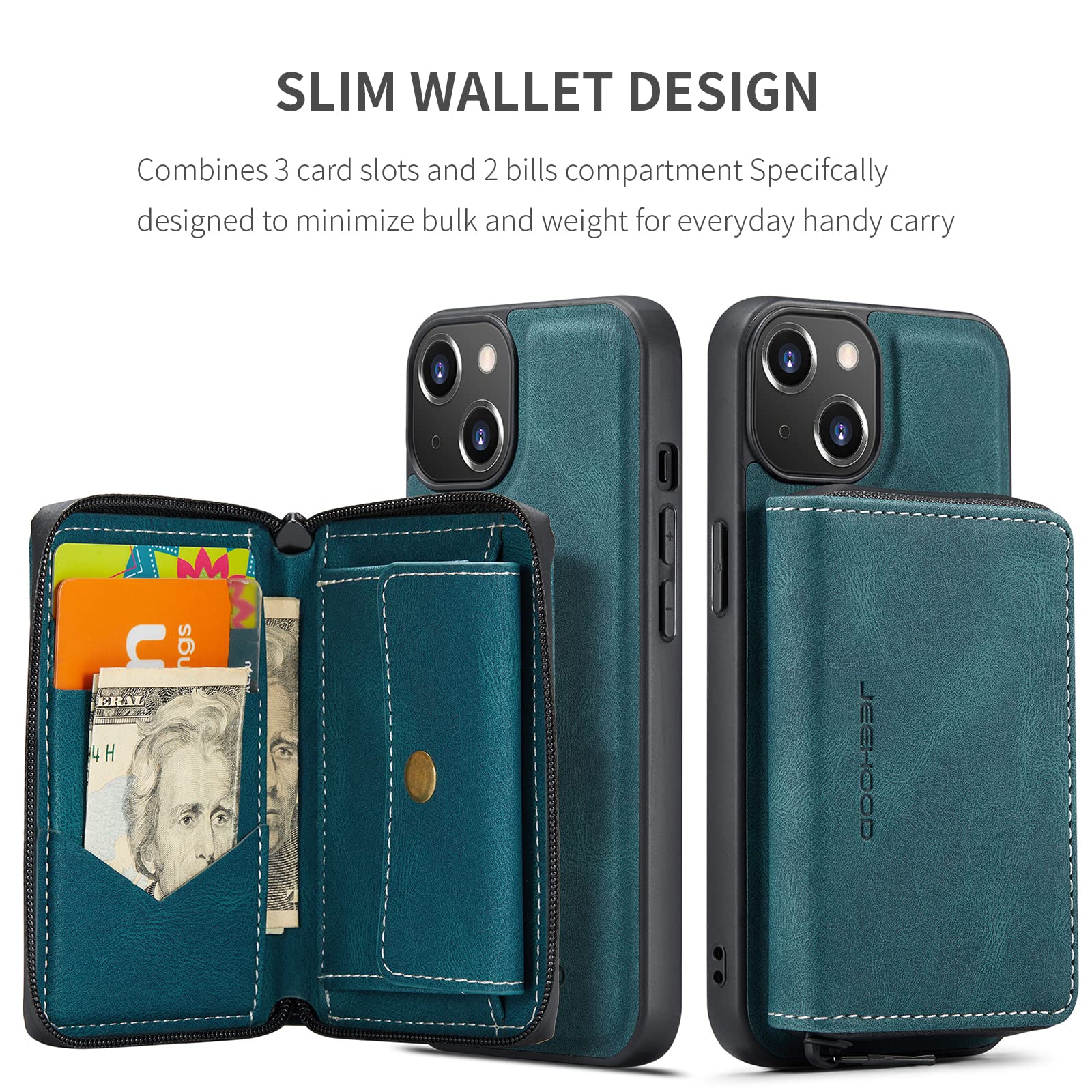 Phone Case for iPhone 14 6.1 inch Wallet Cover with Tempered Glass Screen Protector and Credit Card Holder Zipper Stand Leather Cell Accessories iPhone14 5G i i-Phone i14 iPhone14case Women Blue