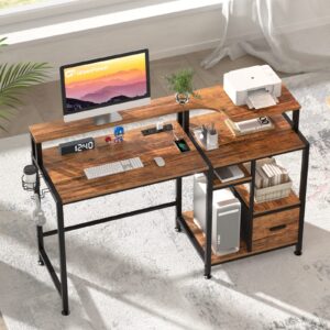 GreenForest 55 inch Computer Desk with Drawers and Outlets, Home Office Desk with Storage and Printer Shelf, Work Desk with Fabric File Drawer, Study Desk with Monitor Stand, Computer Table, Walnut