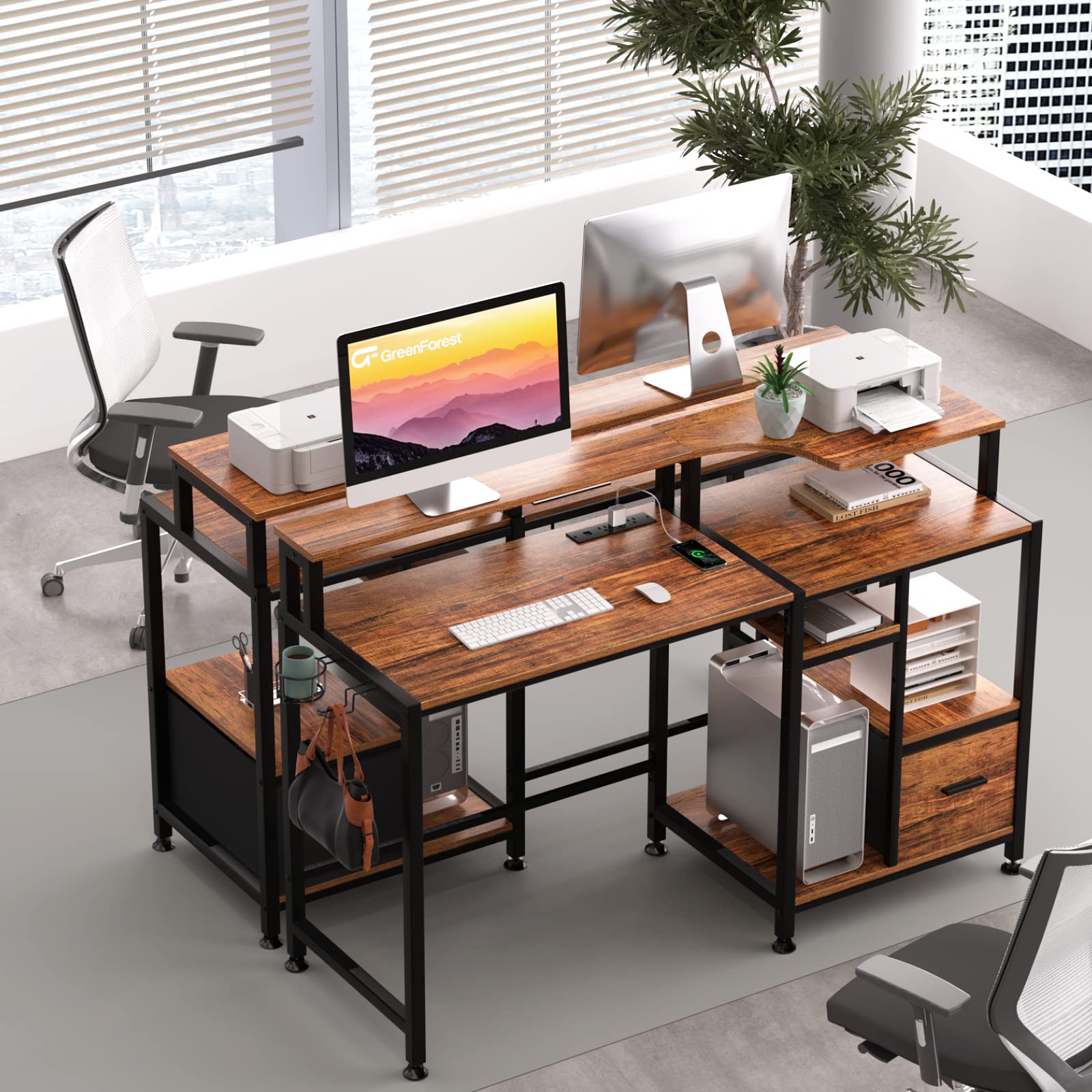 GreenForest 55 inch Computer Desk with Drawers and Outlets, Home Office Desk with Storage and Printer Shelf, Work Desk with Fabric File Drawer, Study Desk with Monitor Stand, Computer Table, Walnut