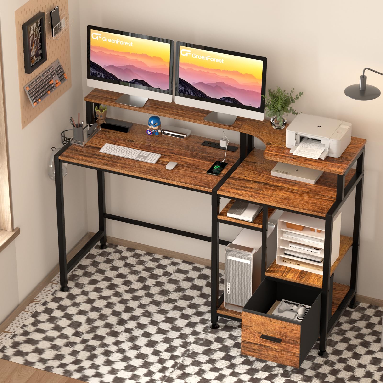 GreenForest 55 inch Computer Desk with Drawers and Outlets, Home Office Desk with Storage and Printer Shelf, Work Desk with Fabric File Drawer, Study Desk with Monitor Stand, Computer Table, Walnut