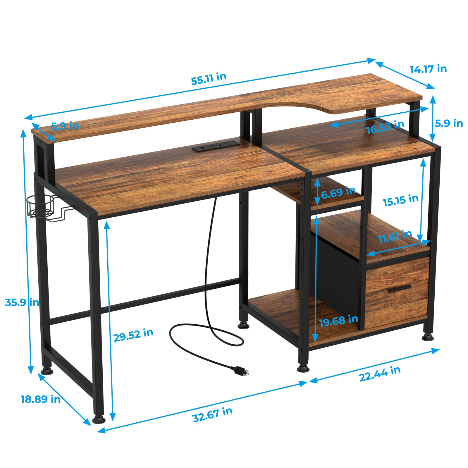 GreenForest 55 inch Computer Desk with Drawers and Outlets, Home Office Desk with Storage and Printer Shelf, Work Desk with Fabric File Drawer, Study Desk with Monitor Stand, Computer Table, Walnut