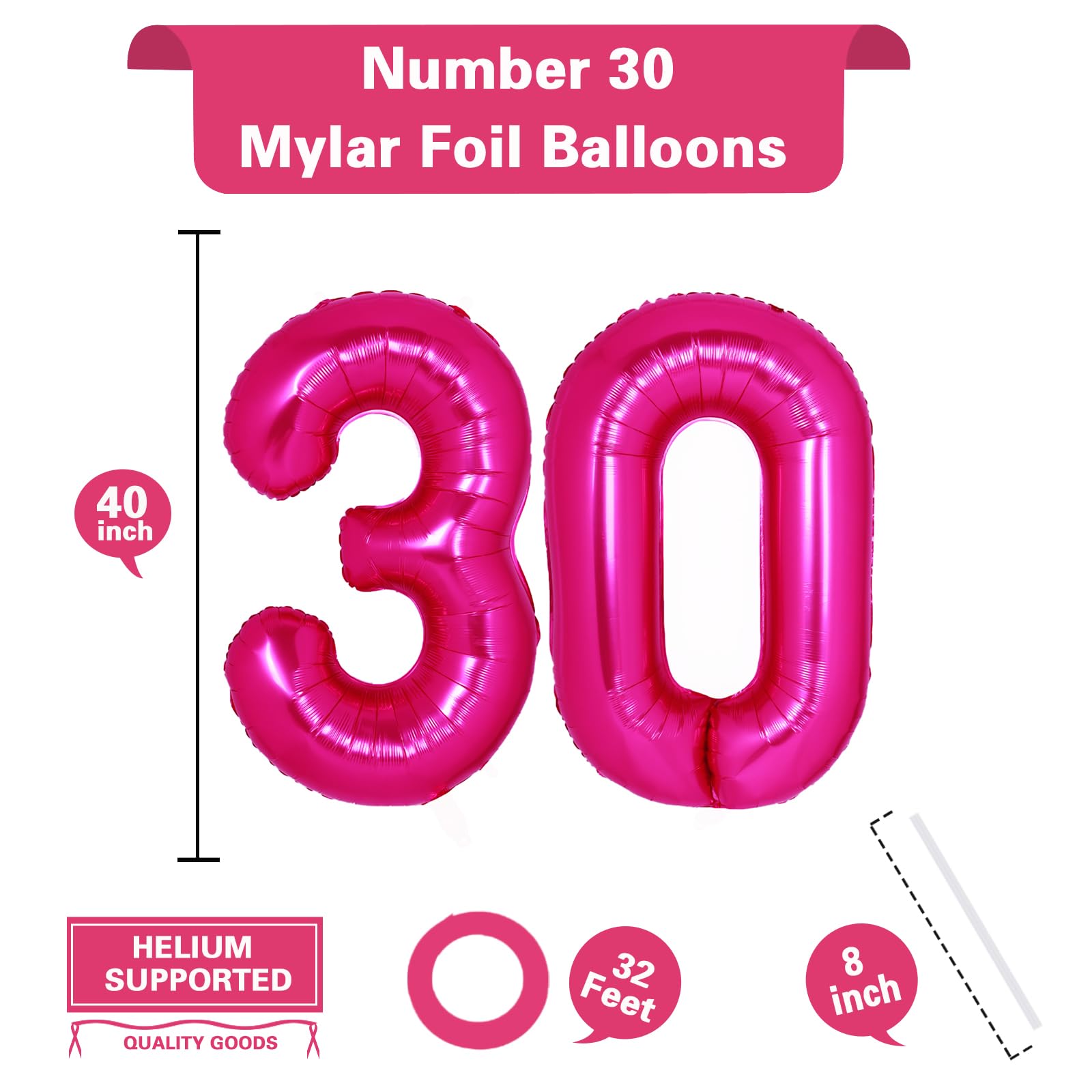 40 Inch Giant Hot Pink Number 30 Balloon, Helium Mylar Foil Number Balloons for Birthday Party, 30th Birthday Decorations for kids and adults, 30 Year Anniversary Party Decorations Supplies