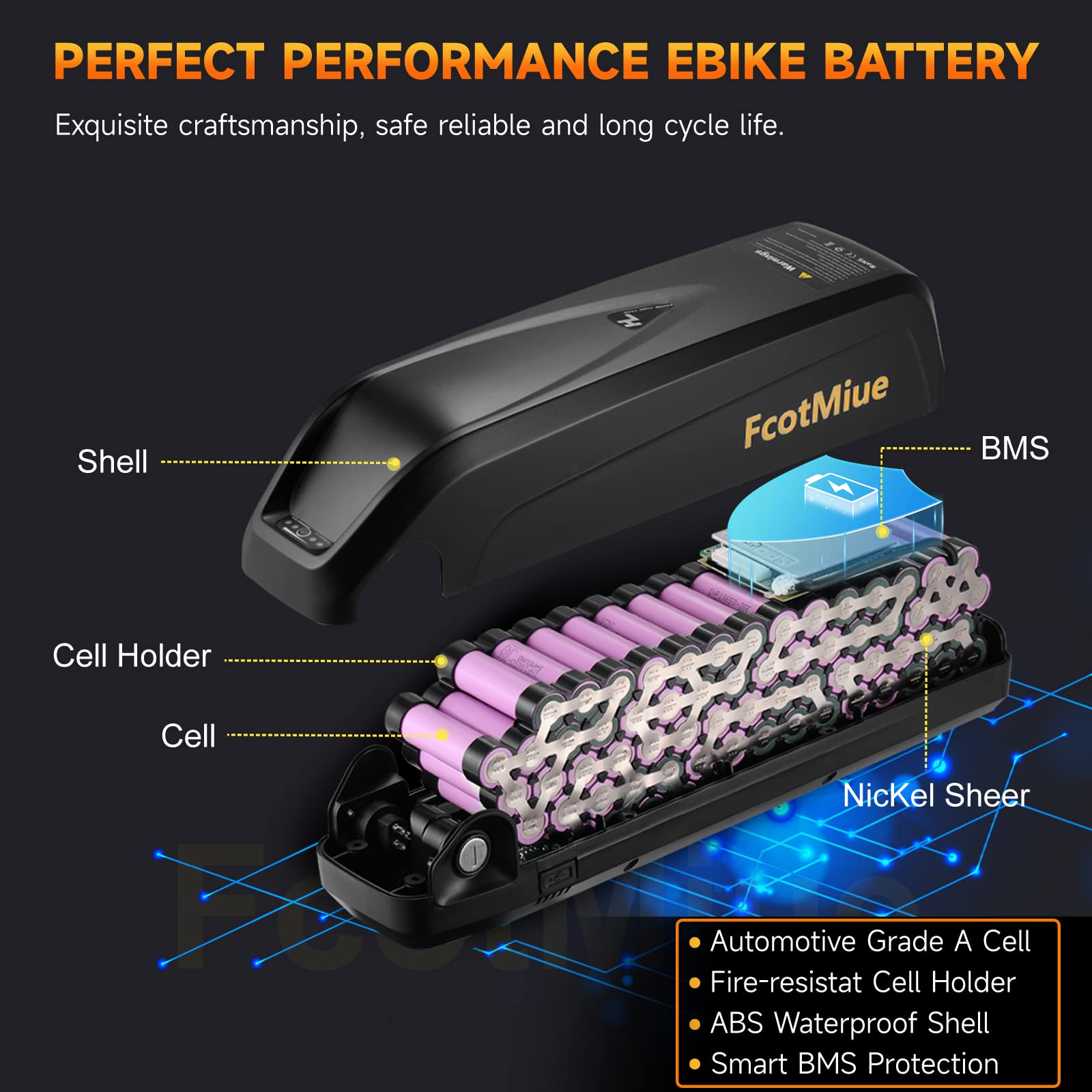 FcotMiue Ebike Battery Pack 52V 15Ah Electric Bike Downtube Batteries for 500W 750W 1000W Bafang Voilamart AW Ebikeling and Other Motor Convertion kit DIY