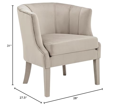 Iconic Home Sloane Accent Chair Velvet Vertical Channel Quilted Piped Stitching Barrel Back Design Upholstered Flared Legs Modern Contemporary, Taupe