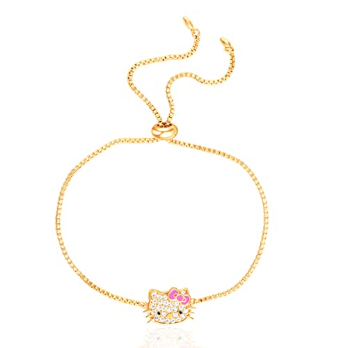 Hello Kitty Bracelet for Women Official License, 18k Gold Flash-Plated and Pave Cubic Zirconia Lariat Bracelet