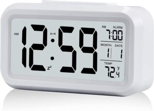 kaijiely upgraded digital alarm clock, 4.3" led display with temperature larger lound light control portable snooze calendar brightness with battery powered alarm clocks bedside for everyone (white)