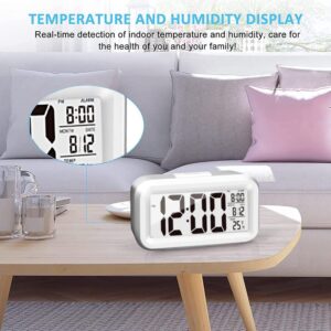 KAIJIELY Upgraded Digital Alarm Clock, 4.3" LED Display with Temperature Larger Lound Light Control Portable Snooze Calendar Brightness with Battery Powered Alarm Clocks Bedside for Everyone (White)