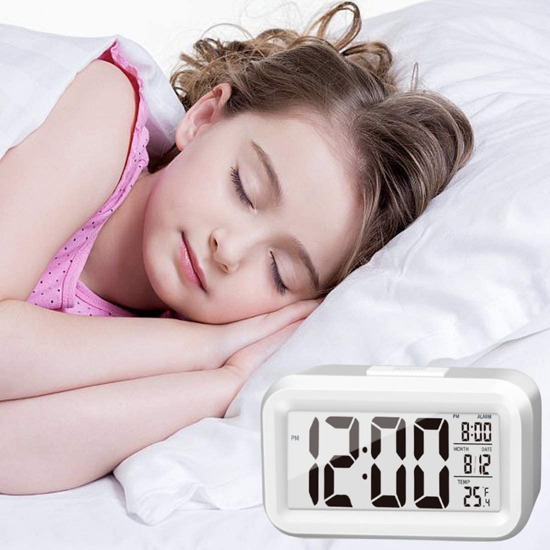 KAIJIELY Upgraded Digital Alarm Clock, 4.3" LED Display with Temperature Larger Lound Light Control Portable Snooze Calendar Brightness with Battery Powered Alarm Clocks Bedside for Everyone (White)