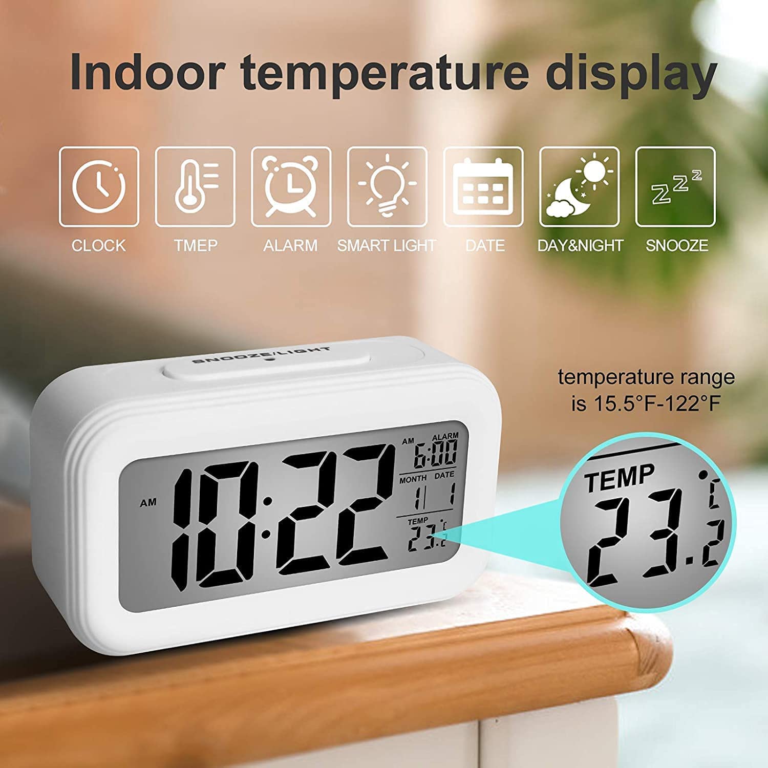 KAIJIELY Upgraded Digital Alarm Clock, 4.3" LED Display with Temperature Larger Lound Light Control Portable Snooze Calendar Brightness with Battery Powered Alarm Clocks Bedside for Everyone (White)