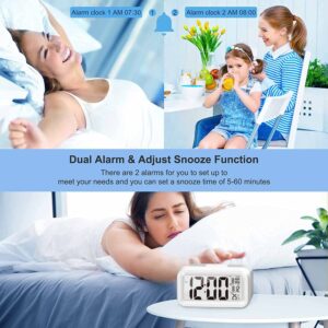 KAIJIELY Upgraded Digital Alarm Clock, 4.3" LED Display with Temperature Larger Lound Light Control Portable Snooze Calendar Brightness with Battery Powered Alarm Clocks Bedside for Everyone (White)