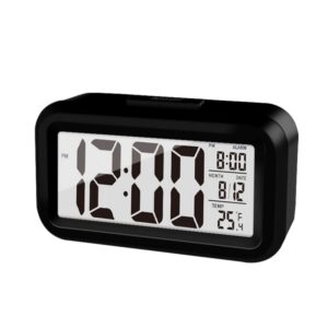 kaijiely upgraded digital alarm clock, 4.3" led display with temperature larger lound light control portable snooze calendar brightness with battery powered alarm clocks bedside for everyone (black)