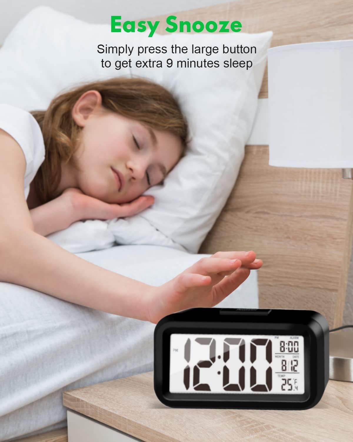 KAIJIELY Upgraded Digital Alarm Clock, 4.3" LED Display with Temperature Larger Lound Light Control Portable Snooze Calendar Brightness with Battery Powered Alarm Clocks Bedside for Everyone (Black)