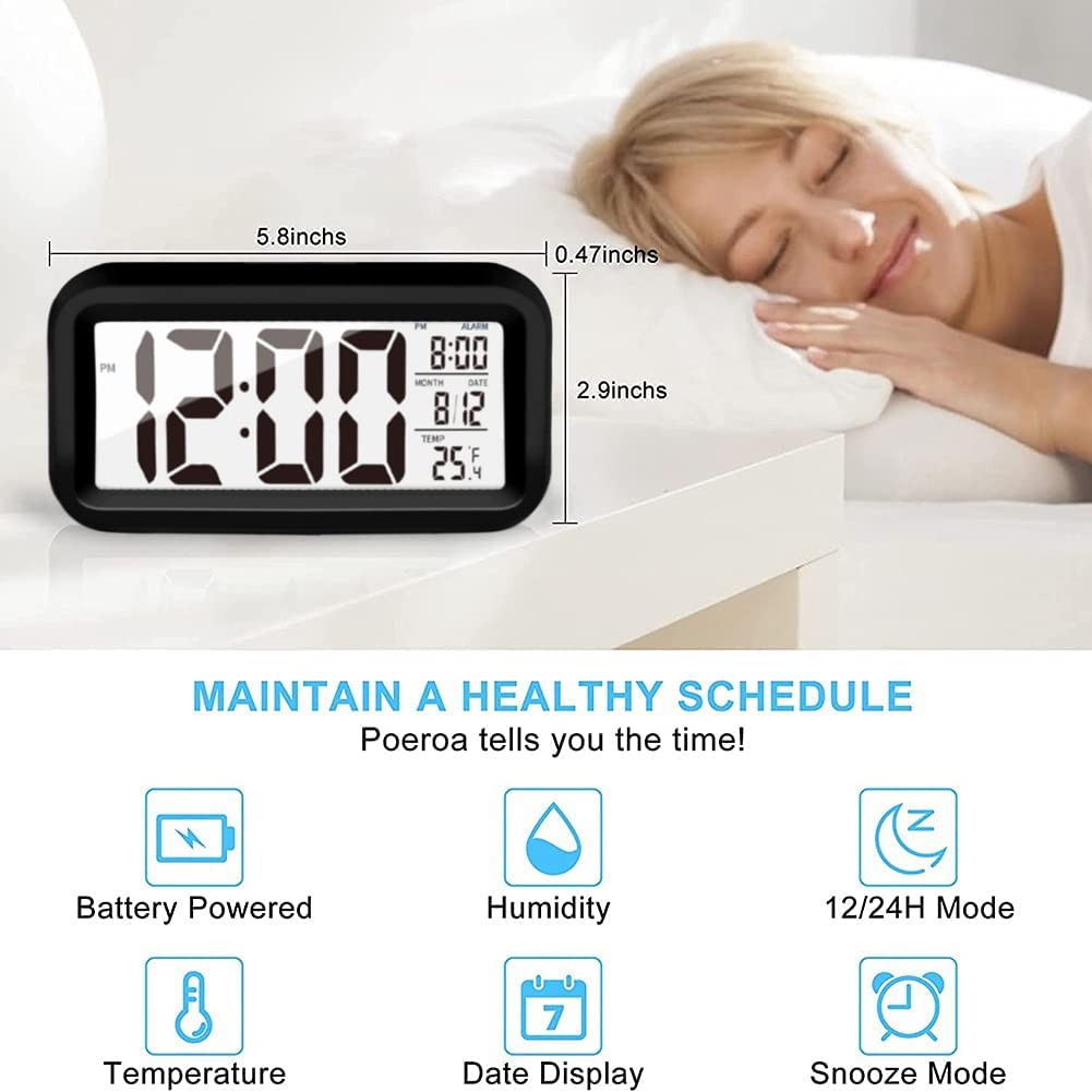 KAIJIELY Upgraded Digital Alarm Clock, 4.3" LED Display with Temperature Larger Lound Light Control Portable Snooze Calendar Brightness with Battery Powered Alarm Clocks Bedside for Everyone (Black)