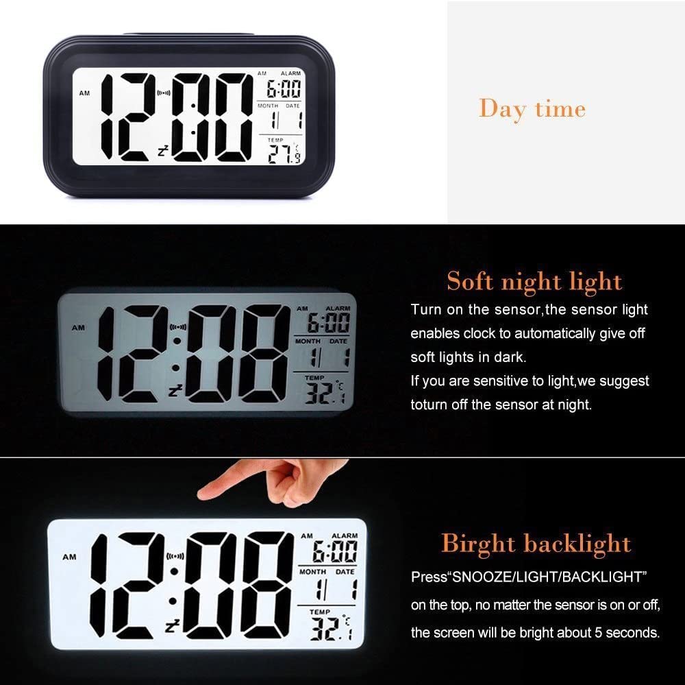 KAIJIELY Upgraded Digital Alarm Clock, 4.3" LED Display with Temperature Larger Lound Light Control Portable Snooze Calendar Brightness with Battery Powered Alarm Clocks Bedside for Everyone (Black)