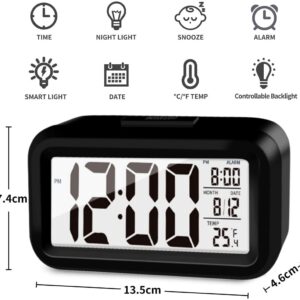 KAIJIELY Upgraded Digital Alarm Clock, 4.3" LED Display with Temperature Larger Lound Light Control Portable Snooze Calendar Brightness with Battery Powered Alarm Clocks Bedside for Everyone (Black)