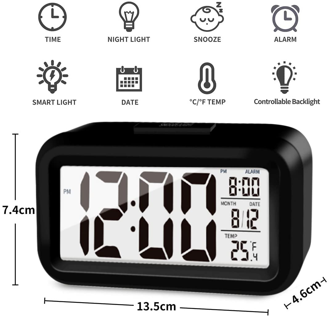 KAIJIELY Upgraded Digital Alarm Clock, 4.3" LED Display with Temperature Larger Lound Light Control Portable Snooze Calendar Brightness with Battery Powered Alarm Clocks Bedside for Everyone (Black)