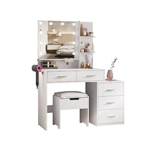 Maupvit Vanity Desk with Mirror and Lights, White Vanity with Bedside Table, 5 Drawers Large Capacity, Metal Silver Handle, Makeup Vanity with 10 Led Lights And Charging Station (White)