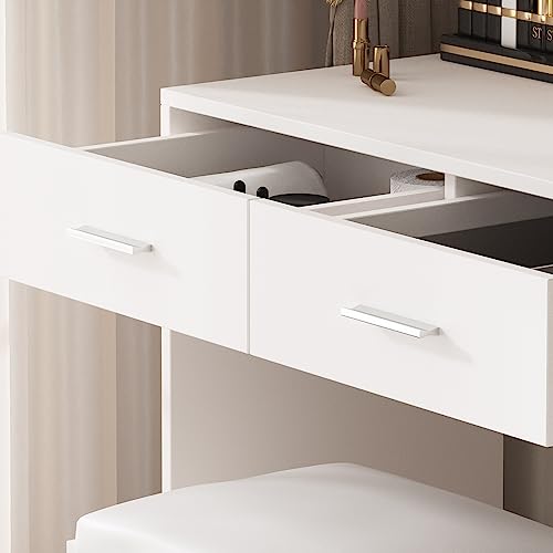 Maupvit Vanity Desk with Mirror and Lights, White Vanity with Bedside Table, 5 Drawers Large Capacity, Metal Silver Handle, Makeup Vanity with 10 Led Lights And Charging Station (White)