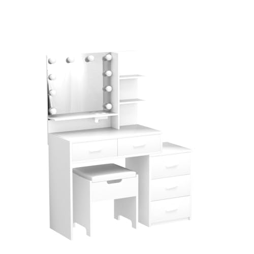 Maupvit Vanity Desk with Mirror and Lights, White Vanity with Bedside Table, 5 Drawers Large Capacity, Metal Silver Handle, Makeup Vanity with 10 Led Lights And Charging Station (White)