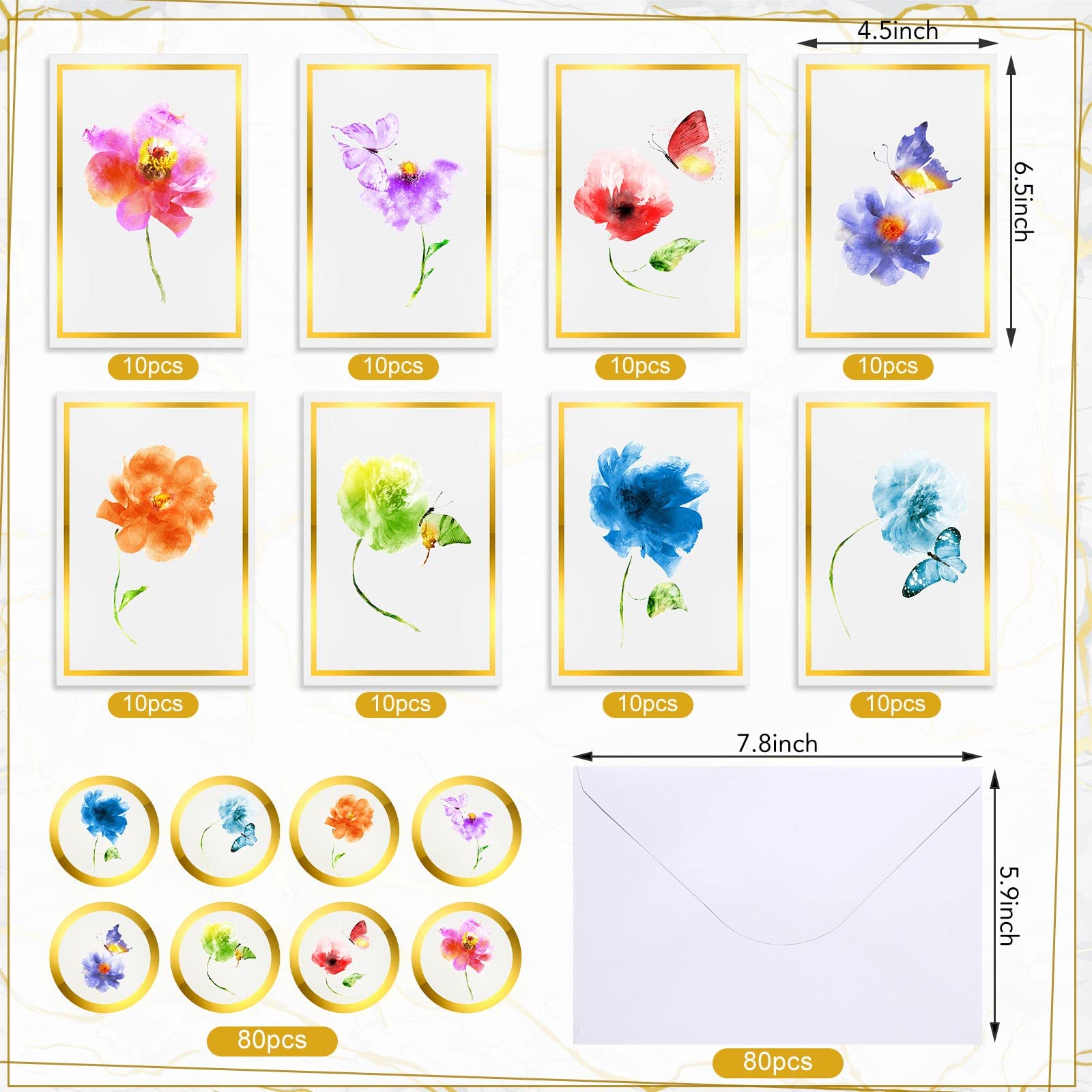 Colarr 80 Sets Watercolor Flowers Greeting Cards Floral Blank Cards Bulk with Envelopes Stickers Stationary Notecards Gold Foil Greeting Cards Gift Set for Birthday Mother's Day 4 x 6 Inches