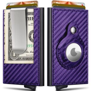 mosiyeef slim compact airtag wallet, rfid protected, lightweight, card ejector, pop-up, pocket sized, faux leather, purple-airtag