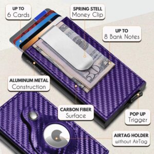 MOSIYEEF Slim Compact AirTag Wallet, RFID Protected, Lightweight, Card Ejector, Pop-Up, Pocket Sized, Faux Leather, Purple-AirTag