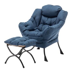 mbooyome lazy chair with ottoman, modern soft reading chair accent contemporary lounge leisure sofa chair with armrests and a side pocket for living room, bedroom, dorm & office, dark blue